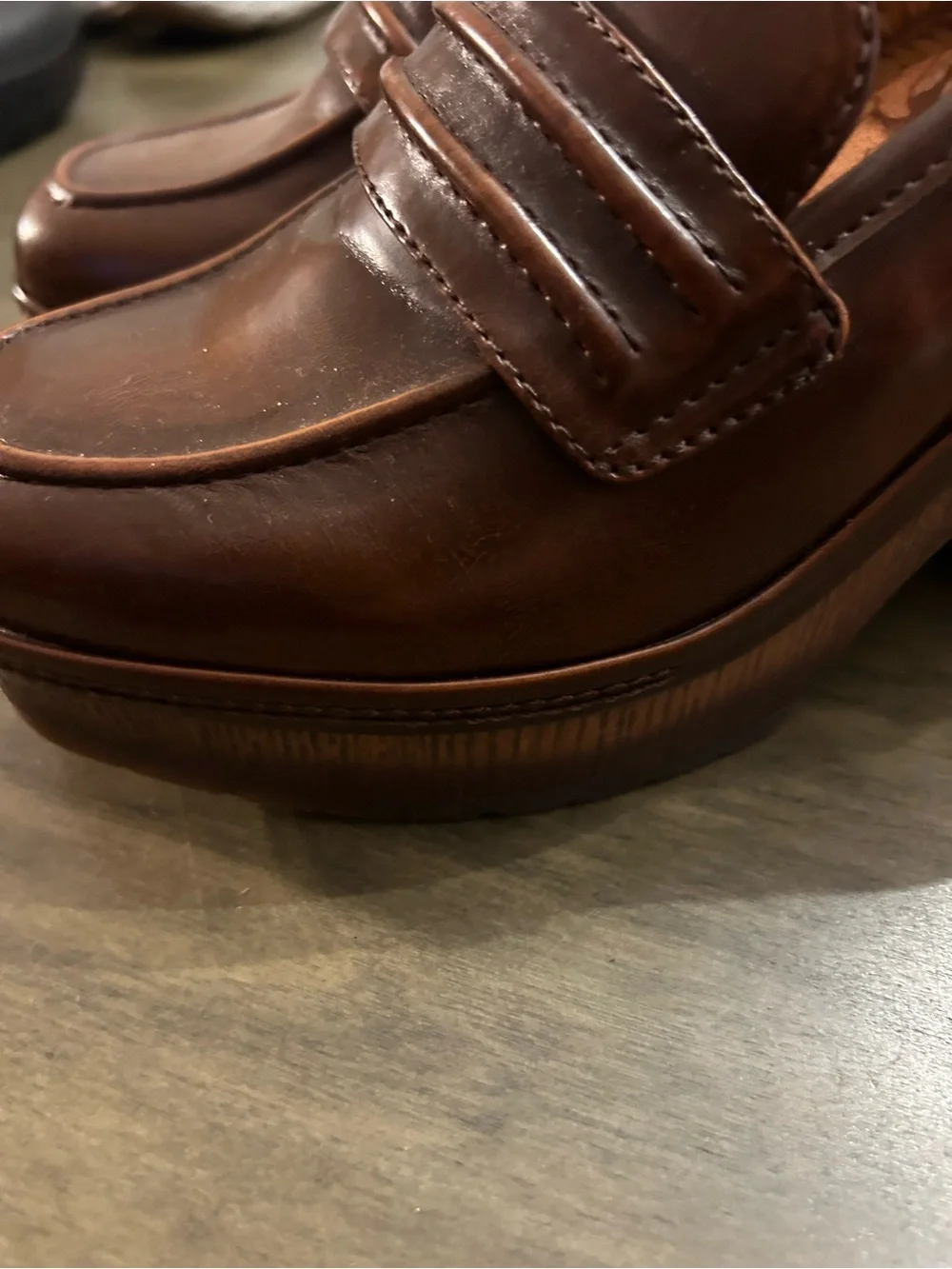 Korks Brown Leather Platform Penny Loafers with Floral Insole